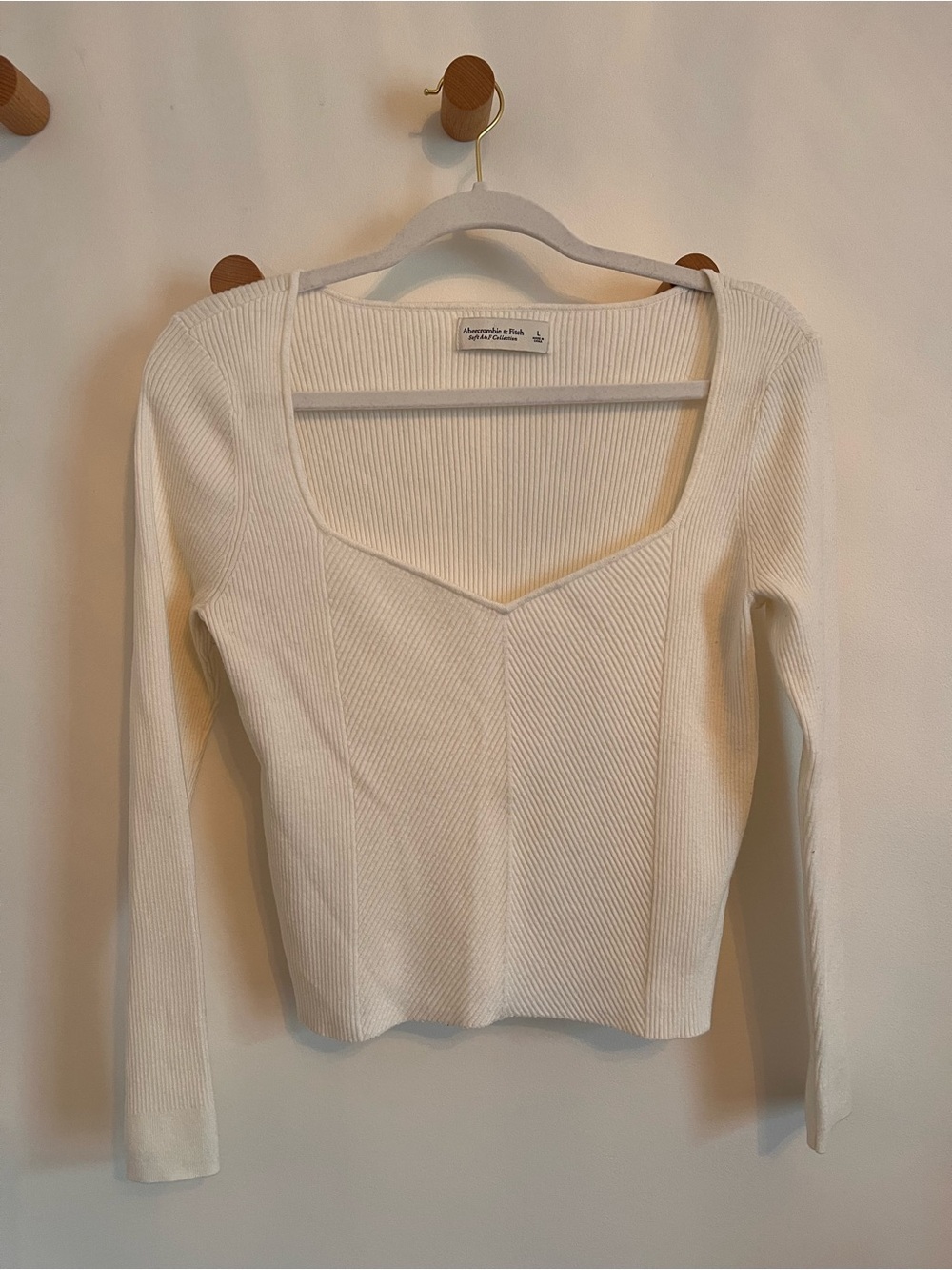 Abercrombie & Fitch Ribbed Square-Neck Long-Sleeve Top — Cream